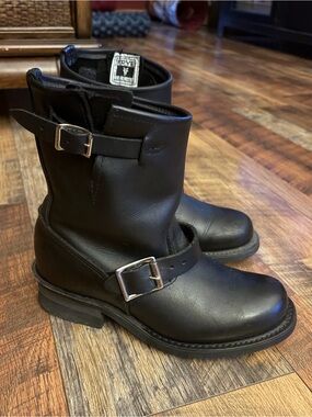 Frye Black Leather Buckle Engineer Boots